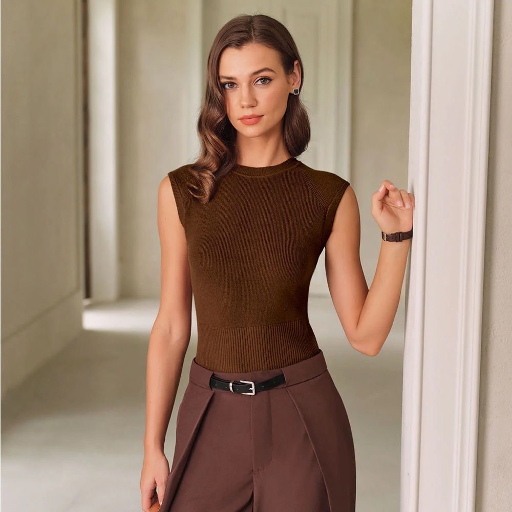 RIHOAS Brown Round Neck Knit Tank Top S